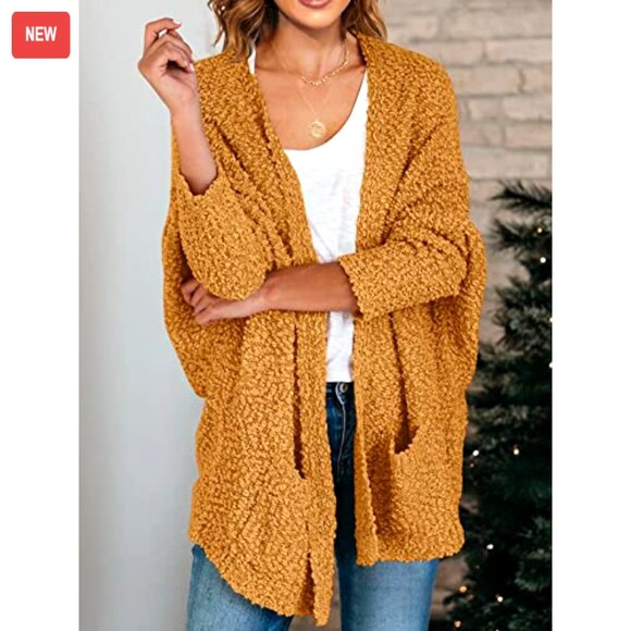 Oversized Chunky Popcorn Cardigan Batwing Sleeve Open Front Cozy Knit Sweater - Picture 4 of 7